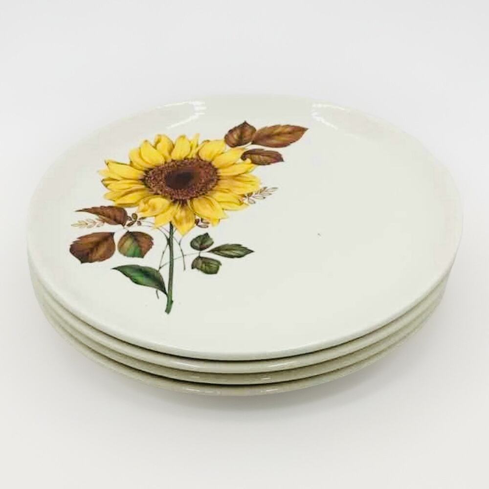 Vintage Hyalyn Sunflowers Round Ceramic Plates Set Of 4